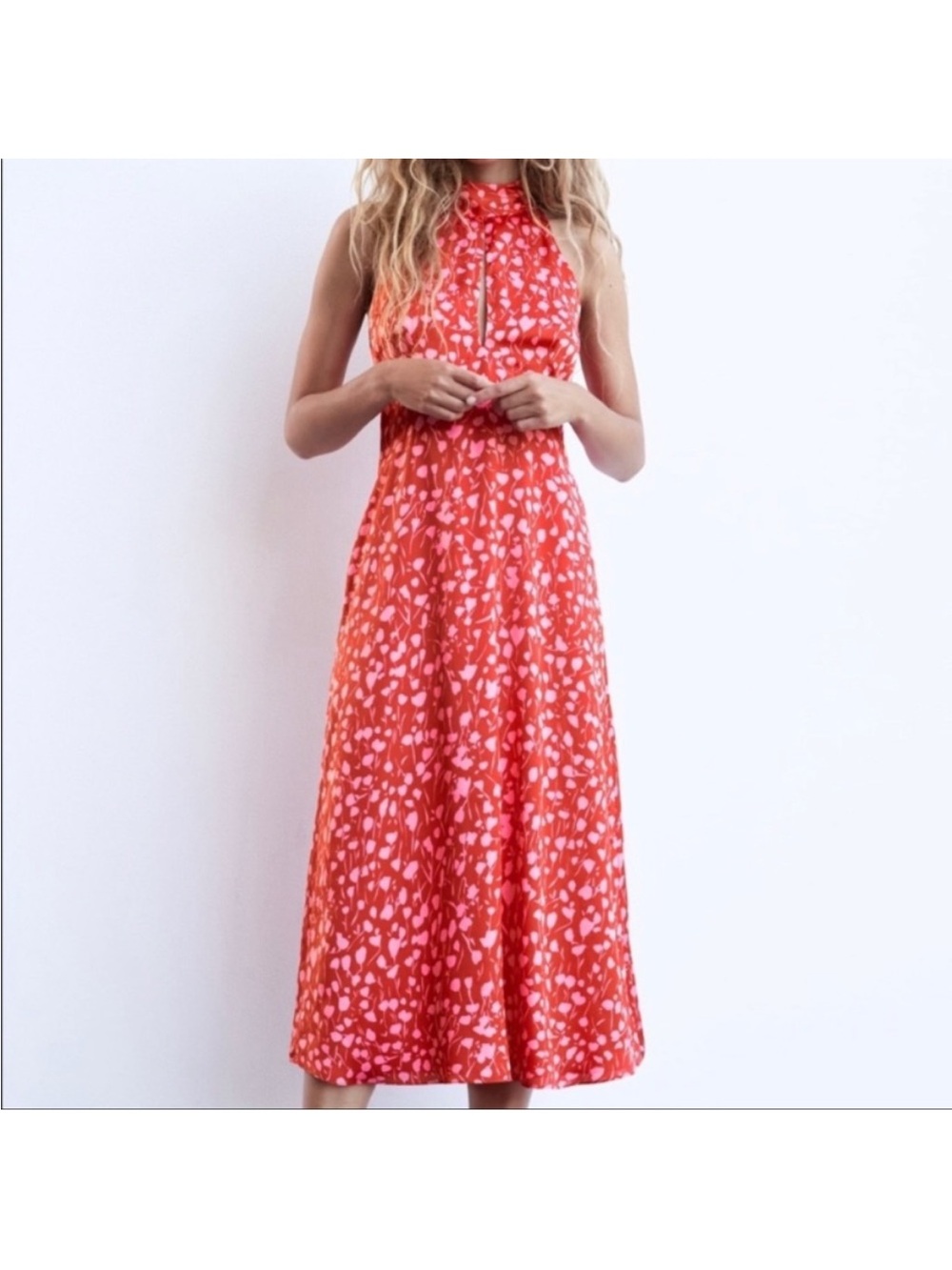 Zara Coral Pink Halter Maxi Dress floral Print XS
